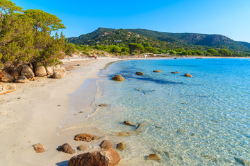 Schöner Sandstrand von Palombaggia mit azurblauem Meerwasser, Insel Korsika, Frankreich