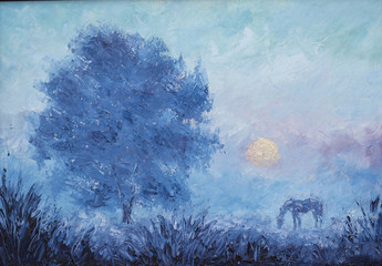 rural landscape, early misty morning, tree, horse © weris7554