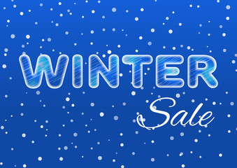 Fototapeta na wymiar Winter sale ice text on a blue background with a falling snow. 