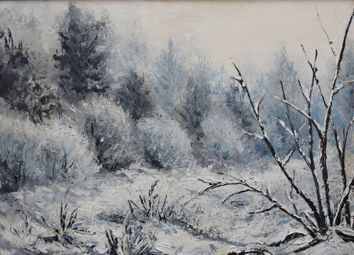 Forest Winter Landscape, Oil Painting