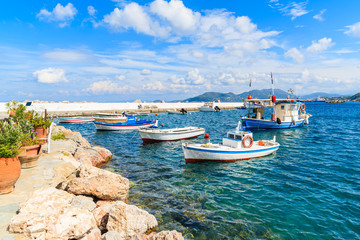 Fototapeta na wymiar Flowers on shore with fishing boats in Kokkari port, Samos island, Greece