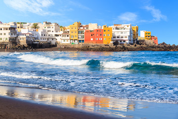View of colourful houses of Punta Brava from beach in Puerto de la Cruz, Tenerife, Canary Islands,...