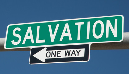 Salvation printed on green overhead highway sign with one way arrow  - obrazy, fototapety, plakaty