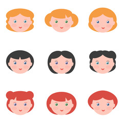 Flat design female avatars isolated on white background.