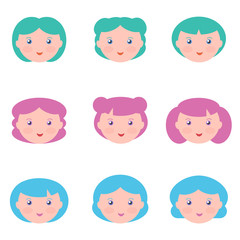 Flat design female with fantasy hair colors avatars isolated on white background.
