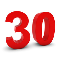 Red 3D Number Thirty Isolated on white with shadows