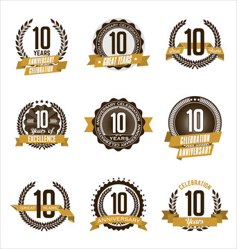 Vector Set of Retro Anniversary Gold Badges 10th Years Celebrating