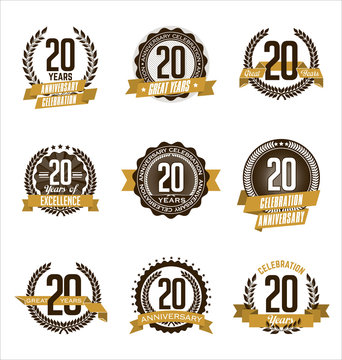 Vector Set of Retro Anniversary Gold Badges 20th Years Celebrating