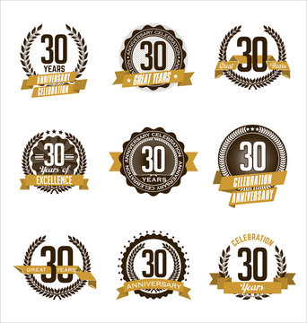Vector Set of Retro Anniversary Gold Badges 30th Years Celebrating