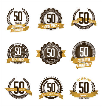 Vector Set of Retro Anniversary Gold Badges 50th Years Celebrating