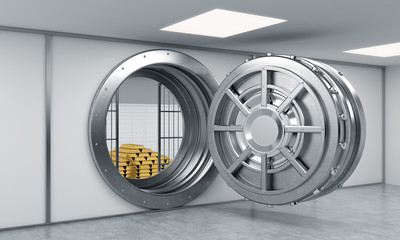 3D rendering of a big open round metal safe in a bank depository