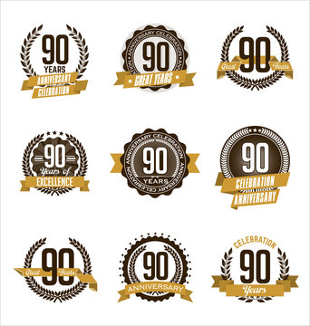 Vector Set of Retro Anniversary Gold Badges 90th Years Celebrating