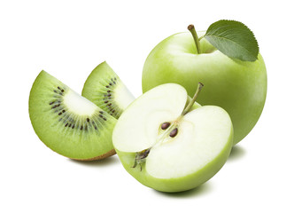 Green apple and kiwi slices isolated on white background