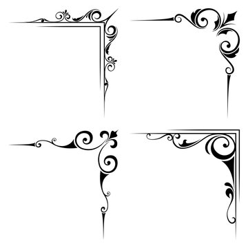 Vector set of four calligraphic decorative black corner elements isolated on a white background.