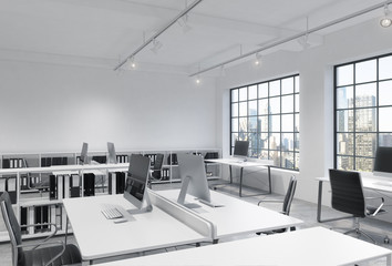 Fototapeta na wymiar Workplaces in a bright modern loft open space office. Tables are equipped with modern computers; book shelves. New York panoramic view. A concept of a high quality consulting services. 3D rendering.