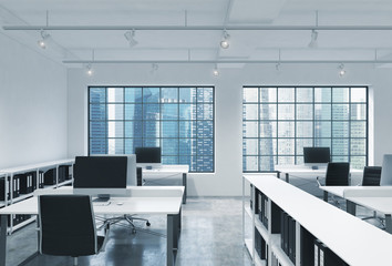 Fototapeta na wymiar Workplaces in a bright modern loft open space office. Tables are equipped with modern computers; book shelves. Singapore panoramic view. A concept of a high quality consulting services. 3D rendering.