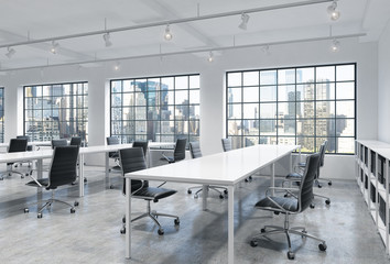 Workplaces in a bright modern loft open space office. Empty tables and docents' book shelves. New York panoramic view. A concept of a high quality consulting services. 3D rendering.