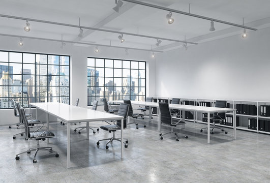Workplaces in a bright modern loft open space office. Empty tables and docents' book shelves. New York panoramic view. A concept of a high quality consulting services. 3D rendering.