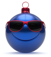 Christmas ball emoticon smiley face Happy New Year's Eve bauble cartoon cute decoration blue. Merry Xmas funny glasses smile person character toy laughing joyful adornment souvenir concept 3d render