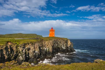 Papier Peint photo autocollant Île Phare orange au bord de la mer de l& 39 île de Grimsey à proximité de l& 39 Islande,