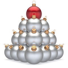 Christmas ball white pyramid leader red on top first place winner New Year's Eve baubles group decoration. Compare leadership hierarchy success Happy Merry Xmas wintertime business concept. 3d render