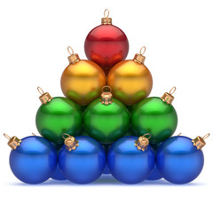 Pyramid christmas balls colorful top red leader first place winner New Year's Eve baubles group decoration. Compare leadership hierarchy success Happy Merry Xmas wintertime business concept. 3d render
