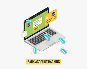 Hacker activity computer and viruses bank account hacking flat isolated illustration.