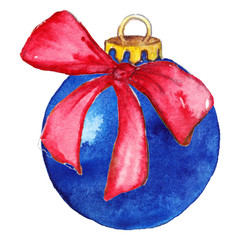 Watercolor blue Christmas ball with pink bow isolated