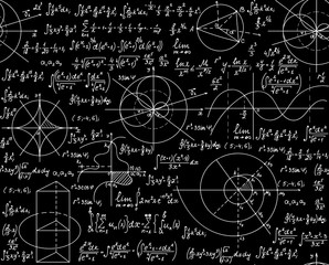 Math vector endless texture with handwritten formulas, plots, figures and calculations. Mathematical seamless background