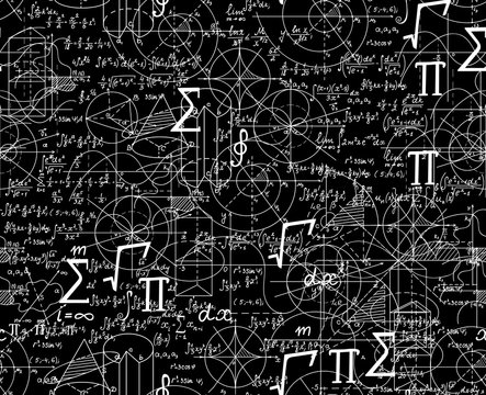 Math scientific vector seamless pattern with formulas, figures, plots shuffled together
