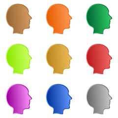 Set of colorful human heads in profile in a row and under each other in different colors on a white background