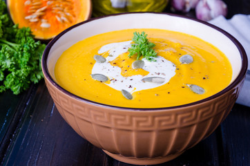 pumpkin cream soup with red lentils and carrot