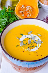 pumpkin cream soup with red lentils and carrot