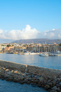 Scenic view of cityscape and port. Chania, Greece.