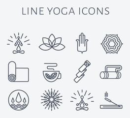 Set of 12 line Yoga icons.