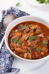 Chicken ragout with pumpkin, mushrooms and oregano stewed in red wine in a white ceramic bowl. Closeup..