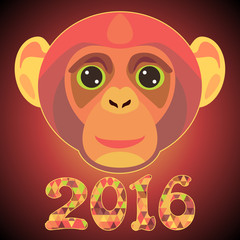 Postcard for 2016 year with colorful head of monkey