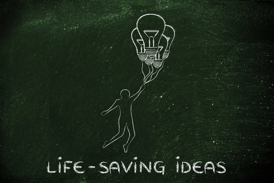 Person Holding Up To Lightbulb Balloons And Text Life-saving Ide