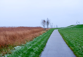 Fototapeta na wymiar A pathway along the of North See with a bench a and lantern on a cloudy winter day with. Husum, Germany