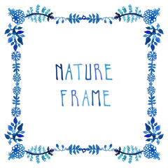 Watercolor leaves vector frame with handwritten text (square in blue colors)
