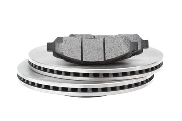 brake discs and brake pads on a white background. car parts