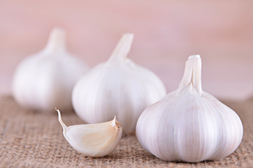 Garlic on sack with wooden background