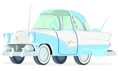 Fototapeta na wymiar Caricatura Ford Fairline Crown Victoria azul y blanco vista frontal y lateral