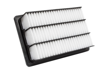 Flat engine air filter in a plastic case on a white background