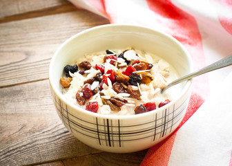 Oatmeal with dried fruit.