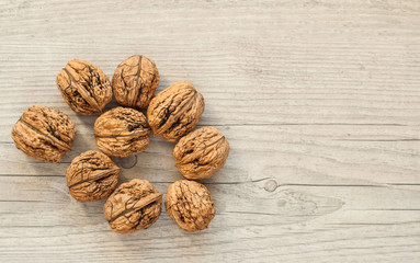 wallnuts on vintage wooden table