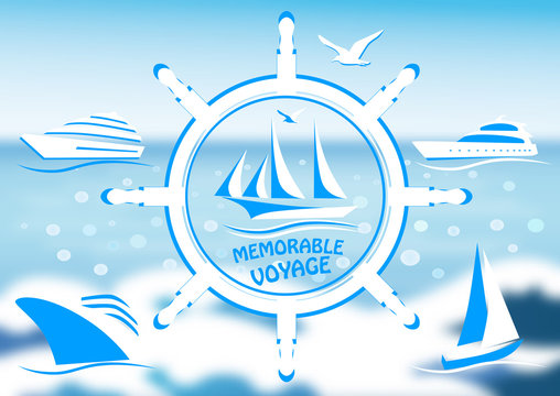Logo with a sailing vessel, steering wheel and a seagull on a blurred sea background. Set with silhouettes of yacht, passenger ship and sailing boat.