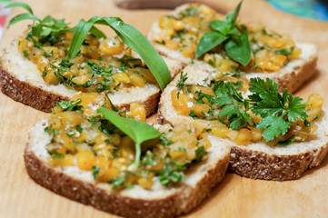 Italian bruschetta with yellow tomatoes