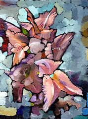 Fototapety  Obraz olejny martwa natura z różowymi irysami kwiatami na płótnie z teksturą w odcieniach szarości