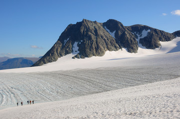 Group of mountaineers on Steindalsbreen glacier. Lyngen Alps, Norway.